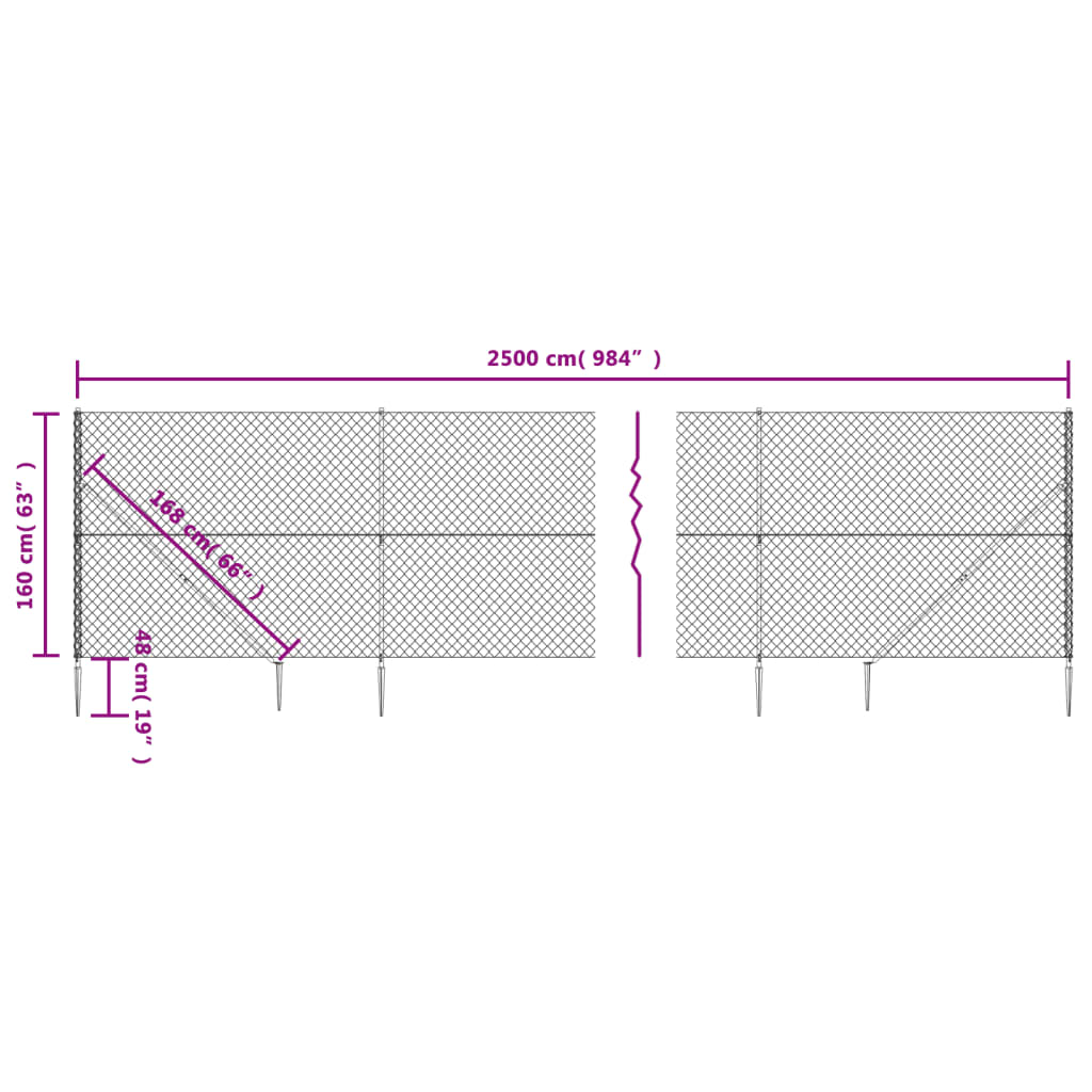 vidaXL Chain Link Fence with Spike Anchors Silver 1.6x25 m