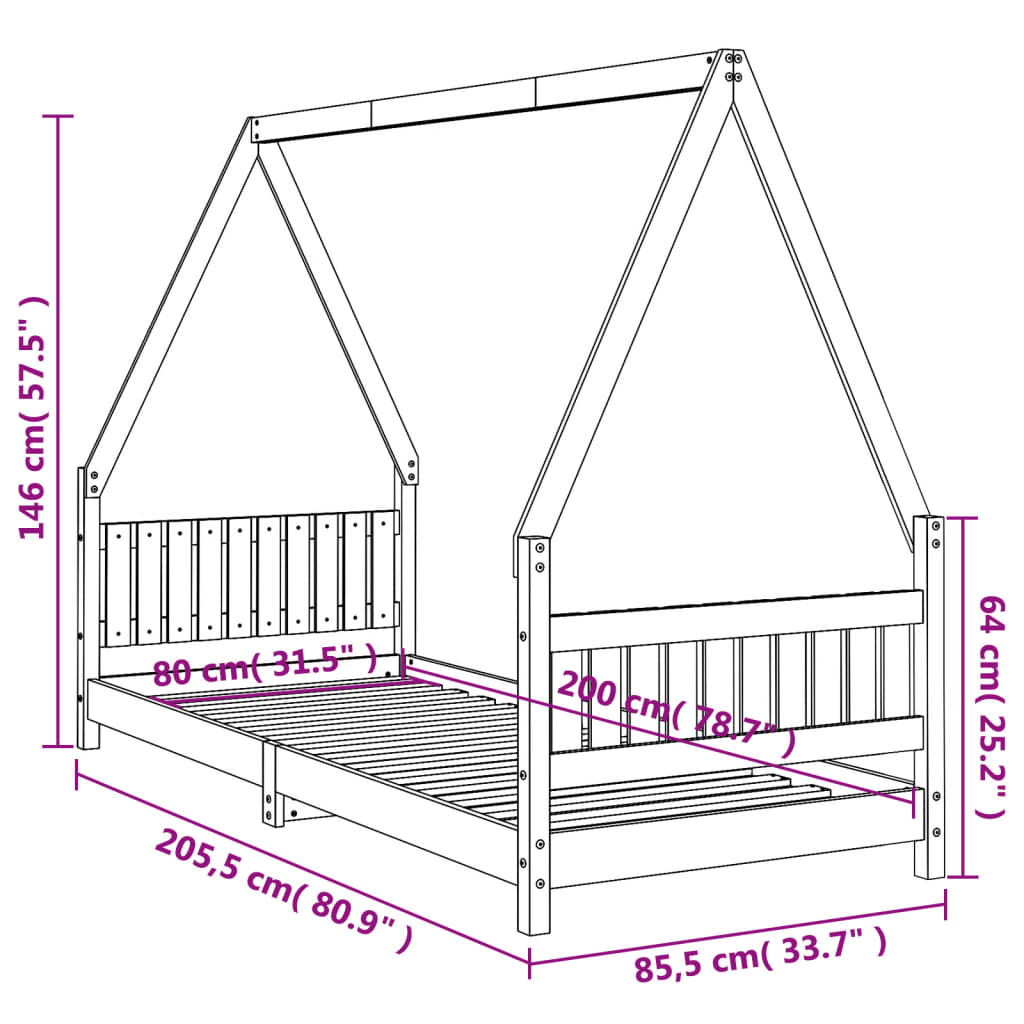 vidaXL Kids Bed Frame Black 80x200 cm Solid Wood Pine