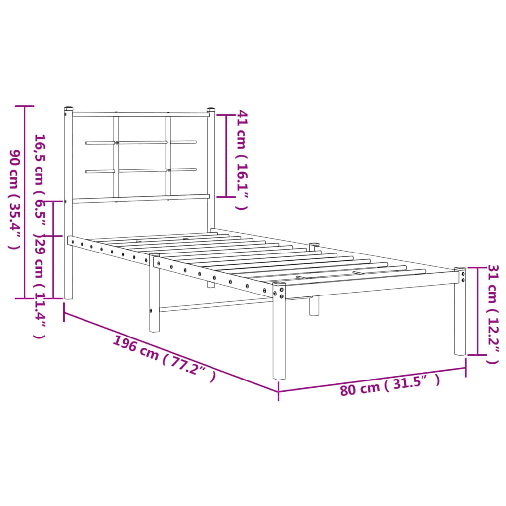 vidaXL Metal Bed Frame without Mattress with Headboard White 75x190 cm Small Single