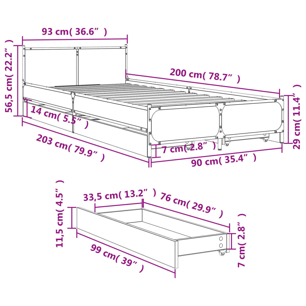 vidaXL Bed Frame with Drawers without Mattress Smoked Oak 90x200 cm