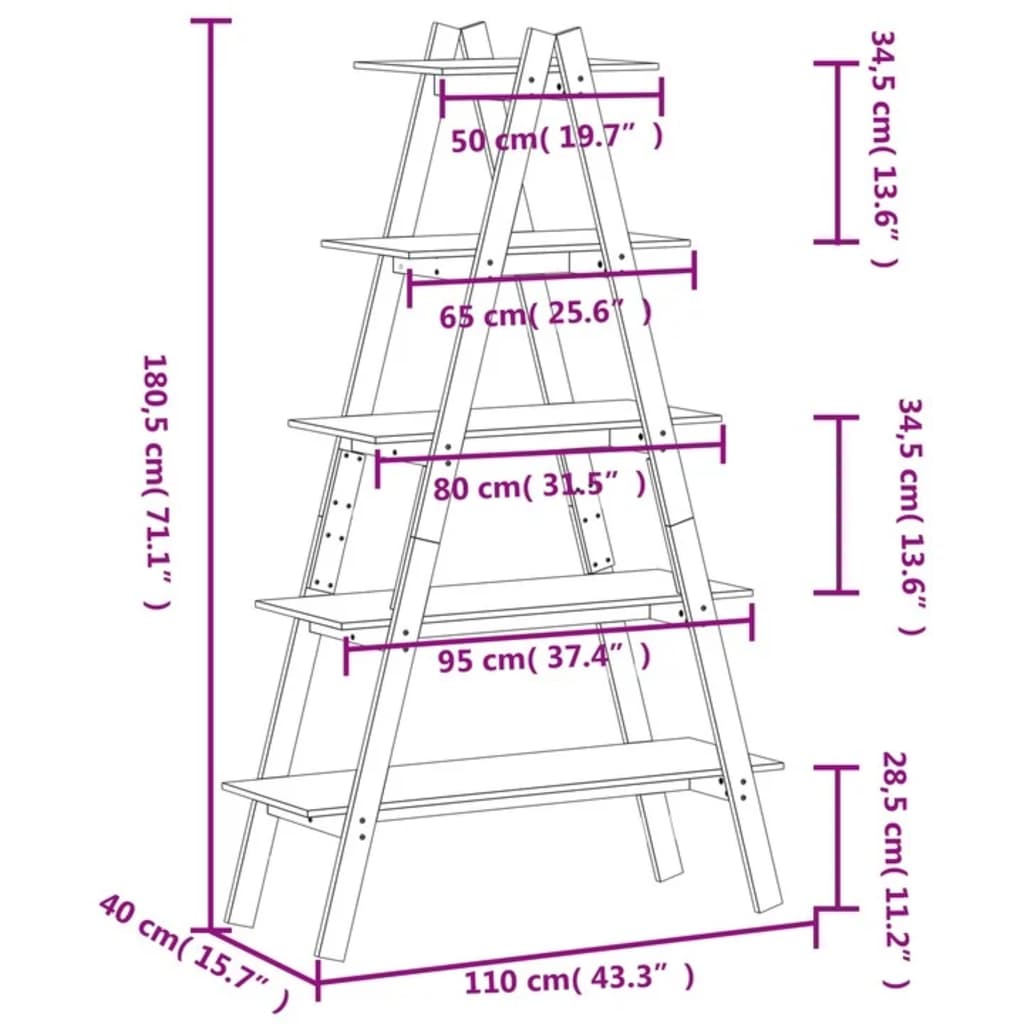 vidaXL 5-Tier Shelf A-shape 110x40x180.5 cm Solid Wood Pine