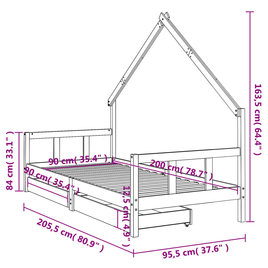 vidaXL Kids Bed Frame with Drawers 90x200 cm Solid Wood Pine