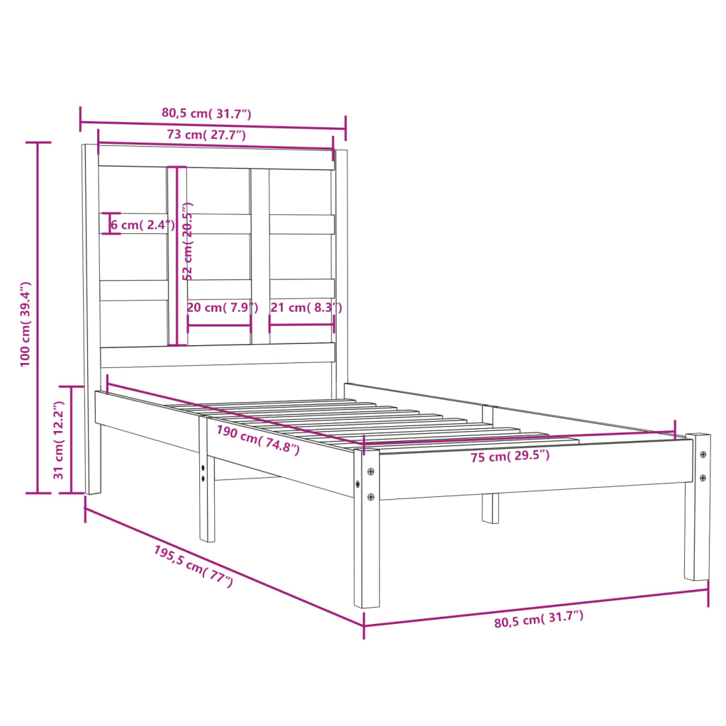 vidaXL Bed Frame without Mattress 75x190 cm Small Single Solid Wood