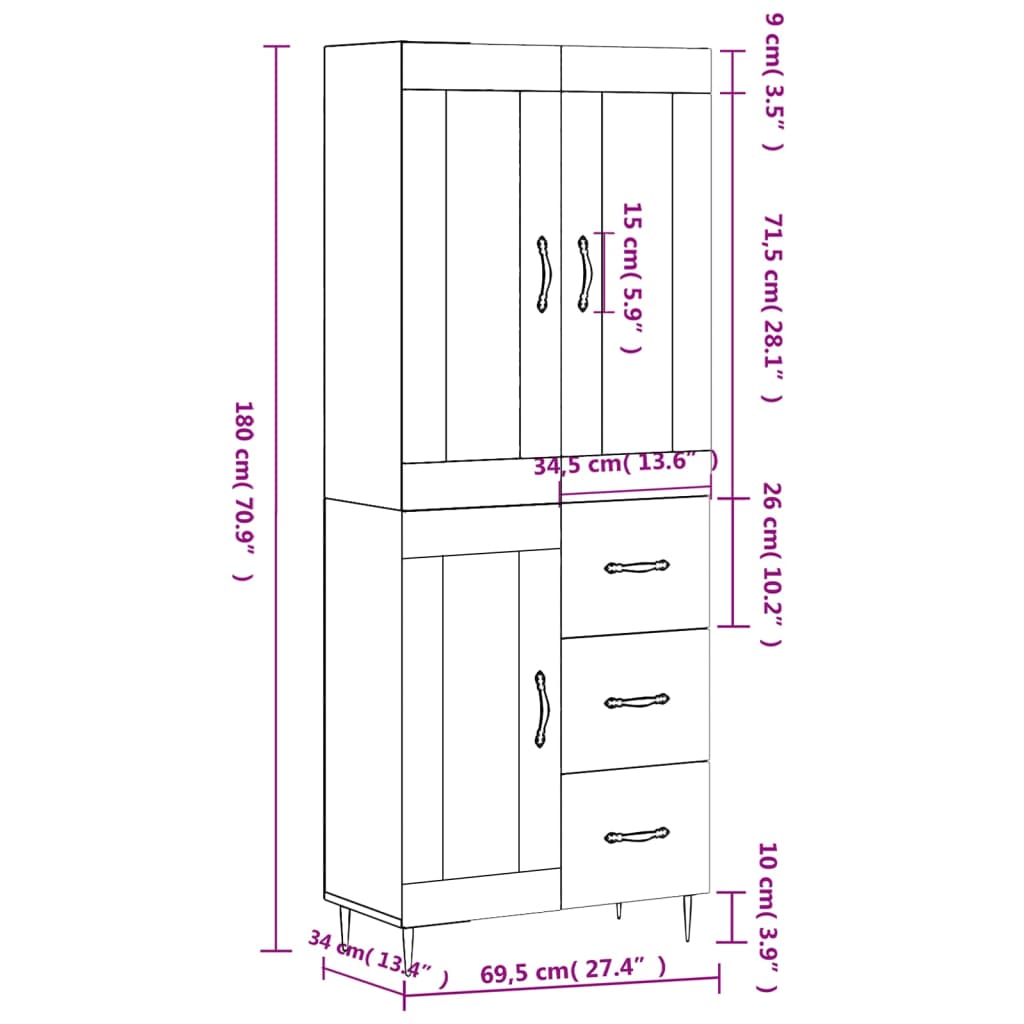 vidaXL Highboard Concrete Grey 69.5x34x180 cm Engineered Wood