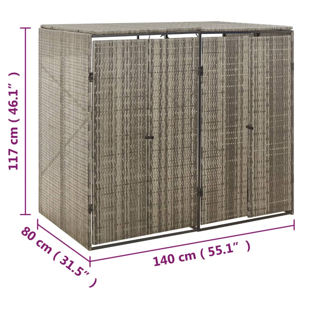 vidaXL Double Wheelie Bin Shed Grey 140x80x117 cm Poly Rattan