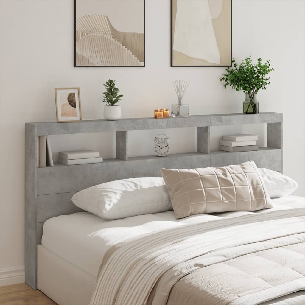 vidaXL Headboard Cabinet with LED Concrete Grey 200x17x102 cm