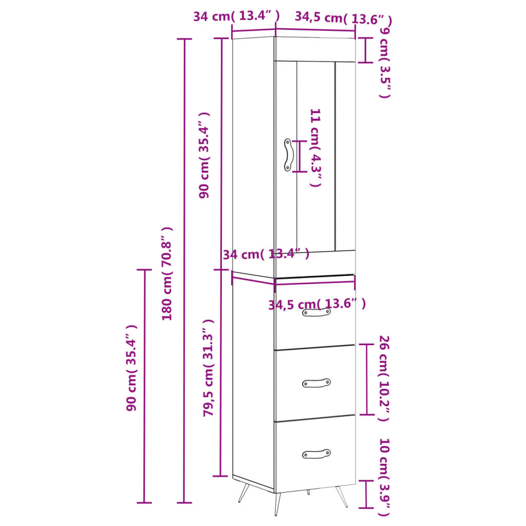 vidaXL Highboard Concrete Grey 34.5x34x180 cm Engineered Wood