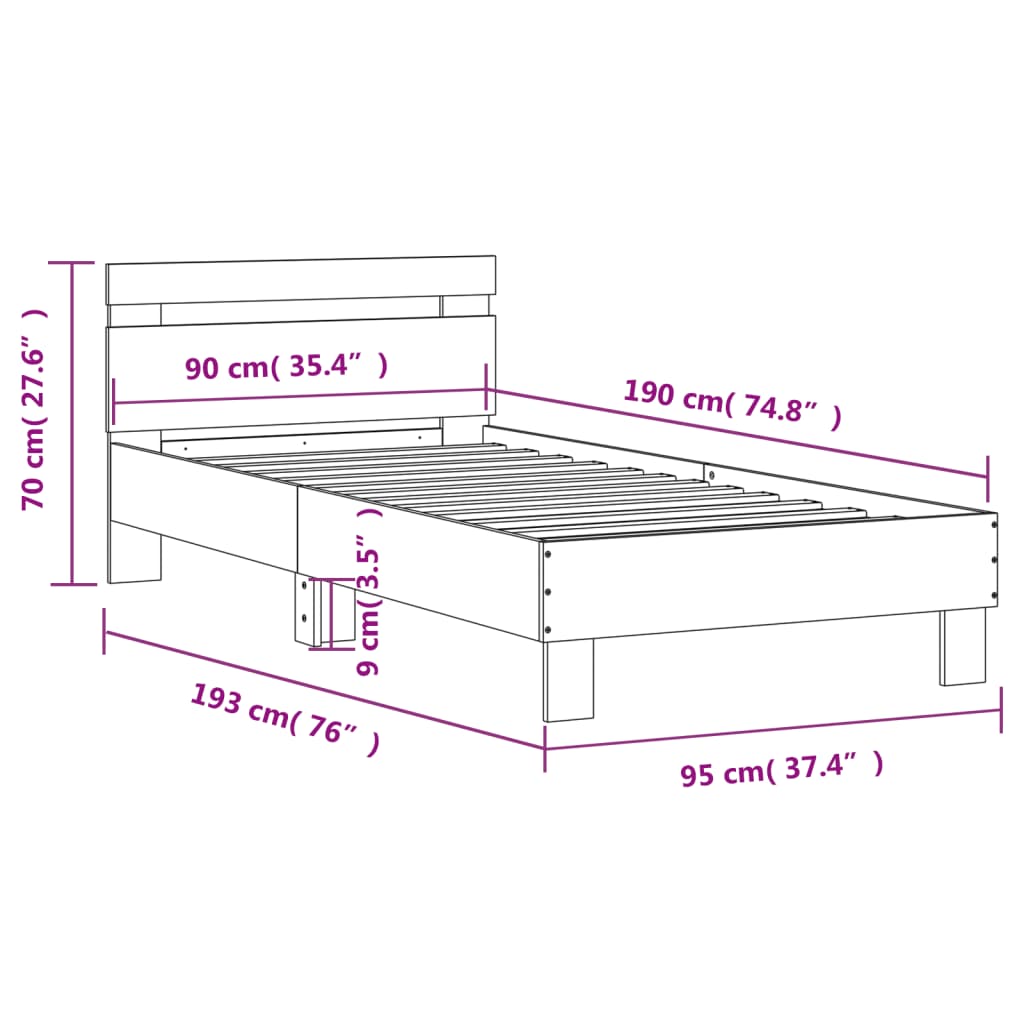 vidaXL Bed Frame without Mattress with Headboard Concrete Grey 90x190 cm Single