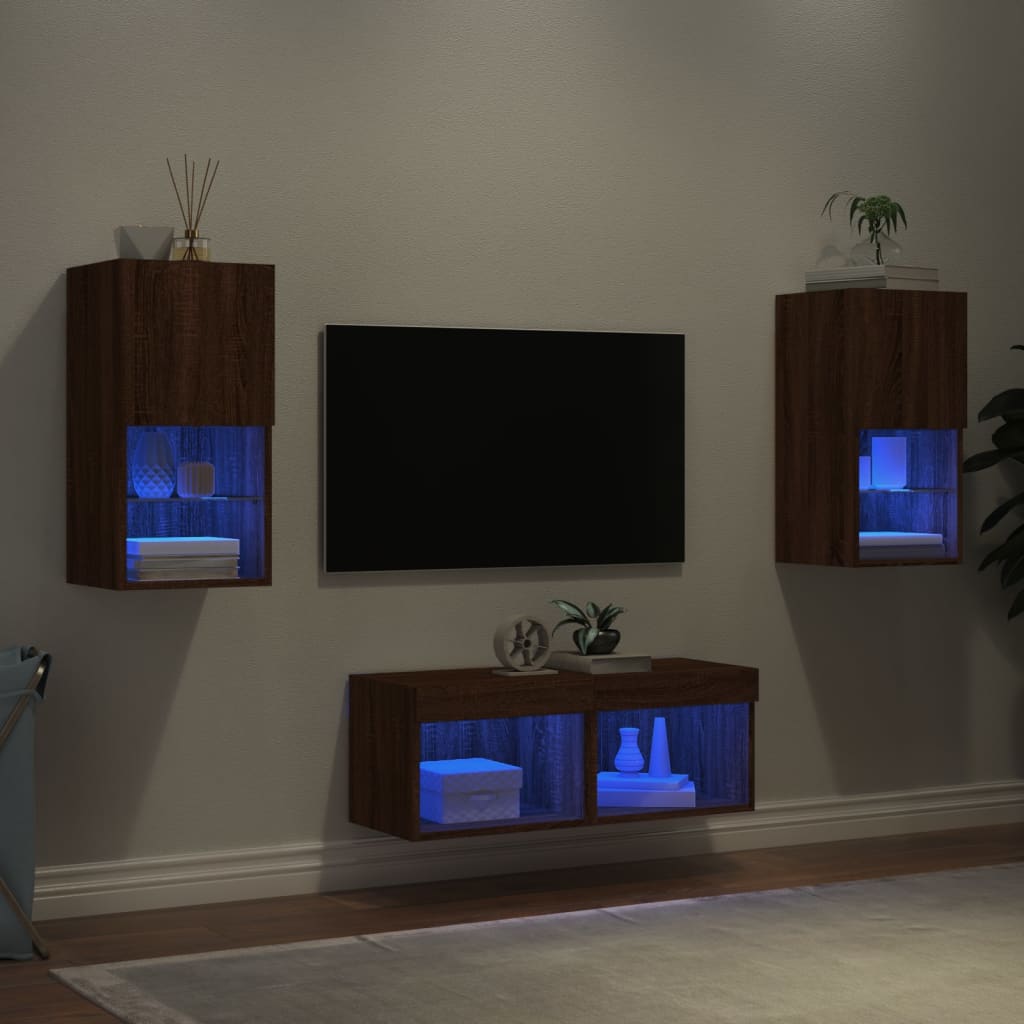 vidaXL 4 Piece TV Wall Cabinets with LED Lights Brown Oak