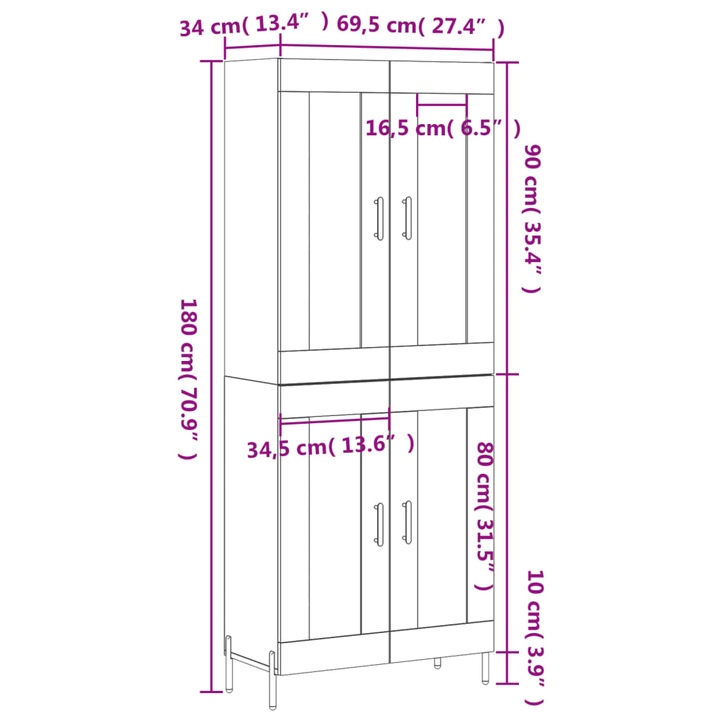 vidaXL Highboard Concrete Grey 69.5x34x180 cm Engineered Wood