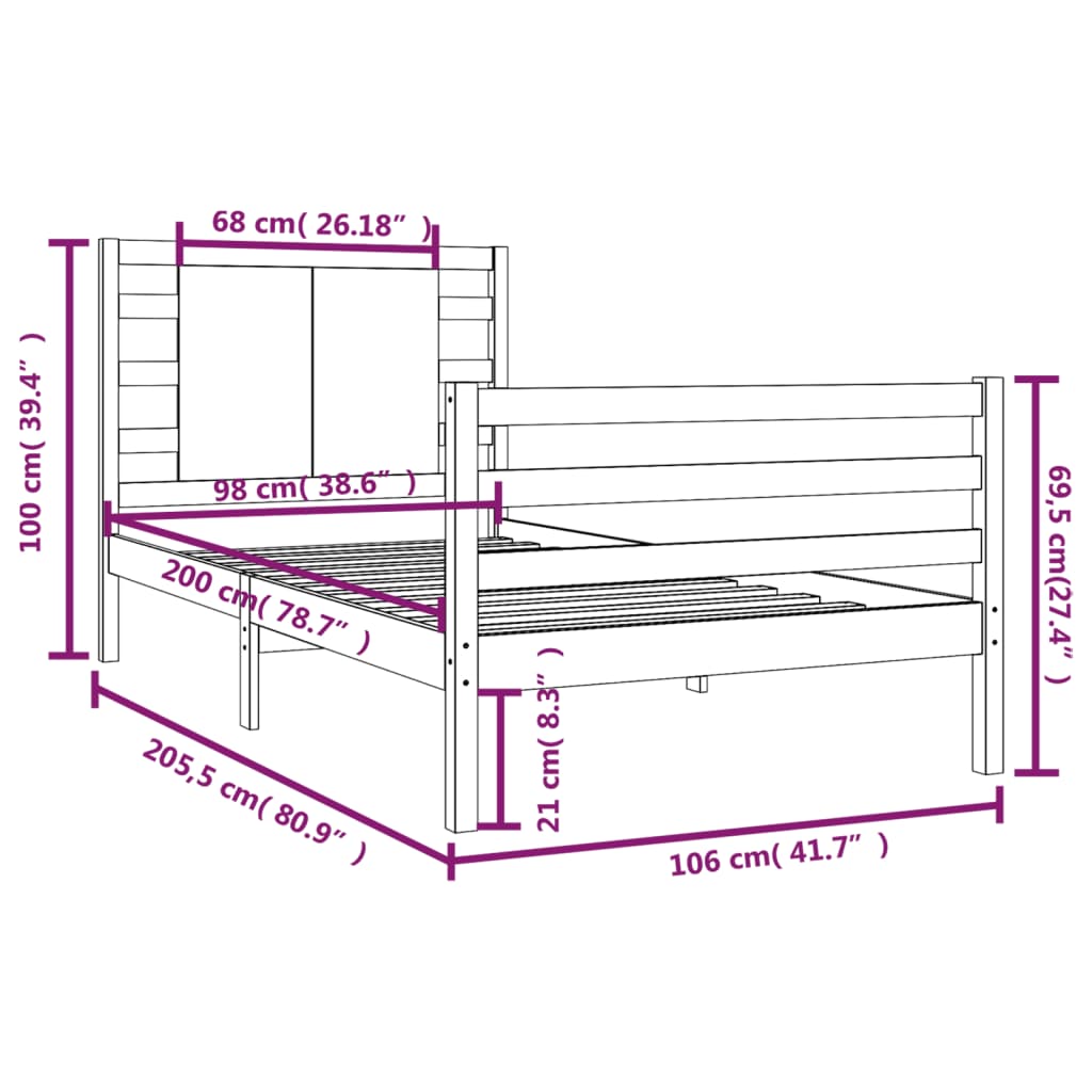 vidaXL Bed Frame without Mattress Black 100x200 cm Solid Wood Pine