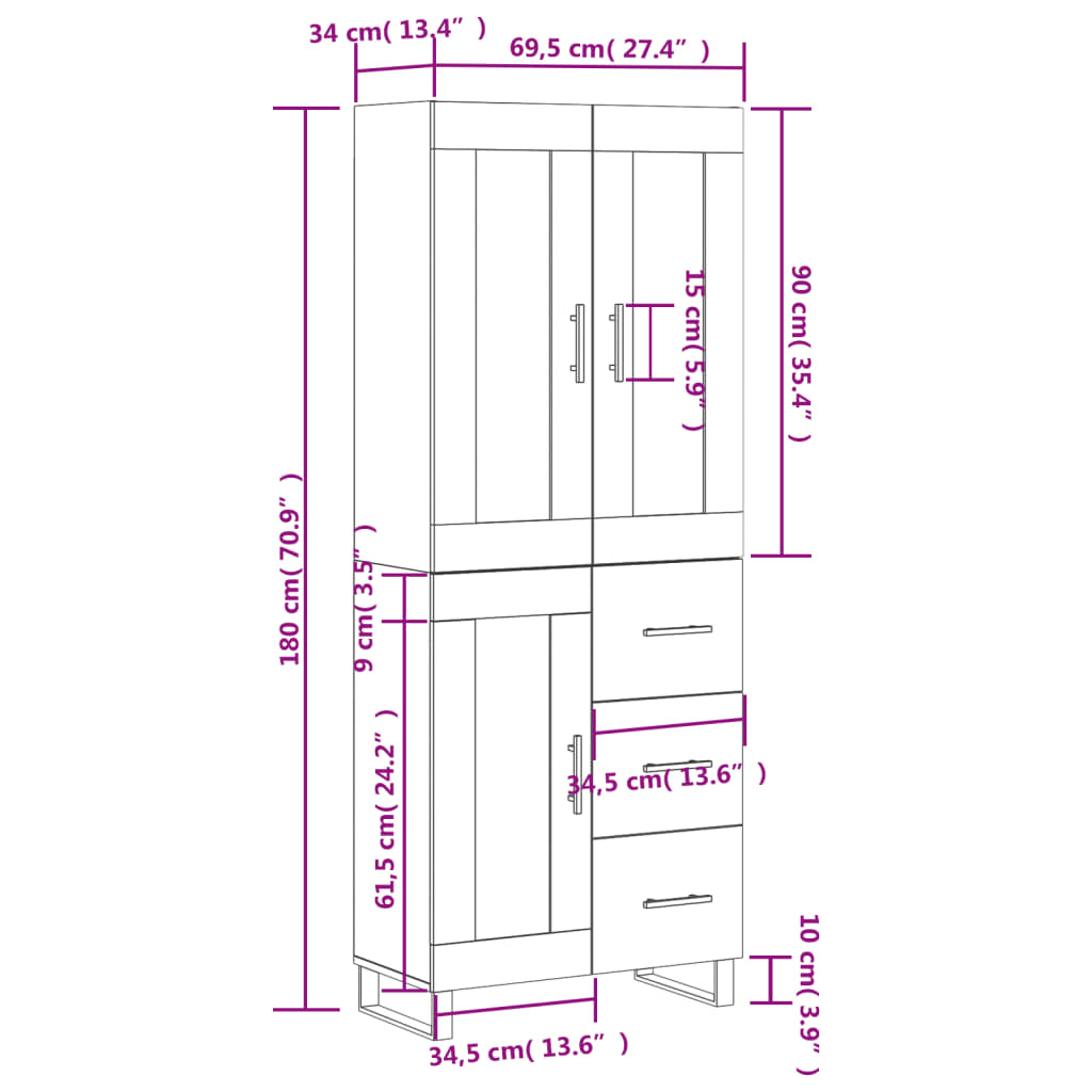 vidaXL Highboard High Gloss White 69.5x34x180 cm Engineered Wood