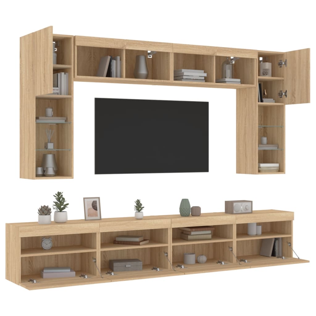 vidaXL 8 Piece TV Wall Cabinet Set with LED Lights Sonoma Oak