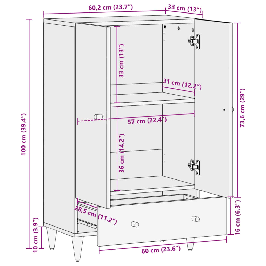 vidaXL Highboard 60x33x100 cm Solid Wood Mango