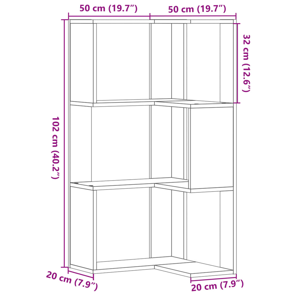 vidaXL Corner Bookcase 3-Tier White 50x50x102 cm Engineered Wood