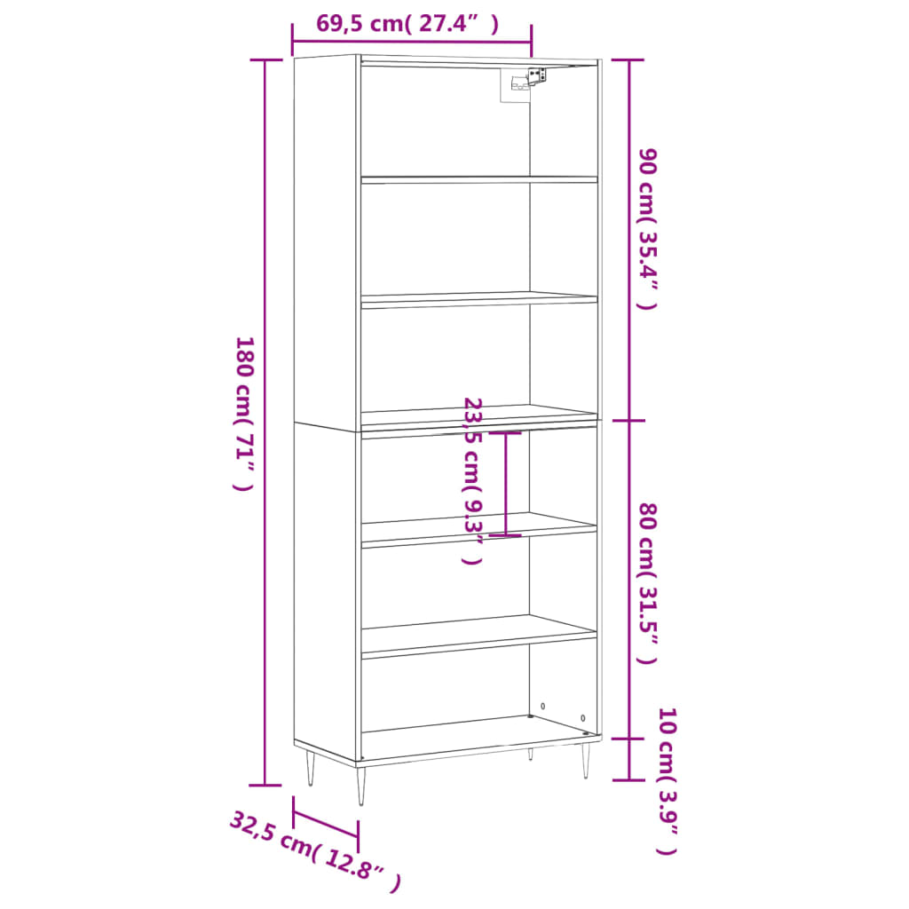 vidaXL Highboard Brown Oak 69.5x32.5x180 cm Engineered Wood