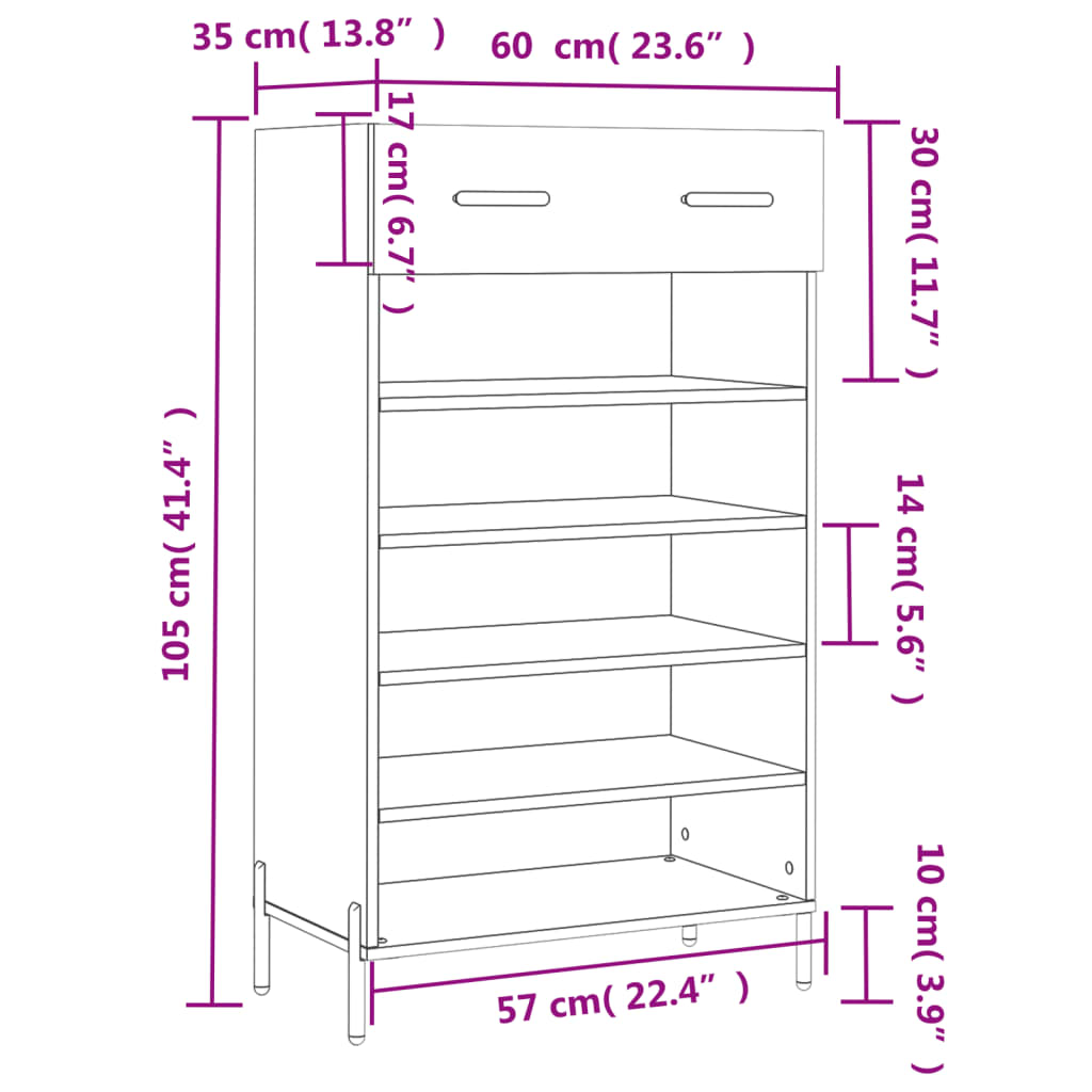 vidaXL Shoe Cabinet High Gloss White 60x35x105 cm Engineered Wood