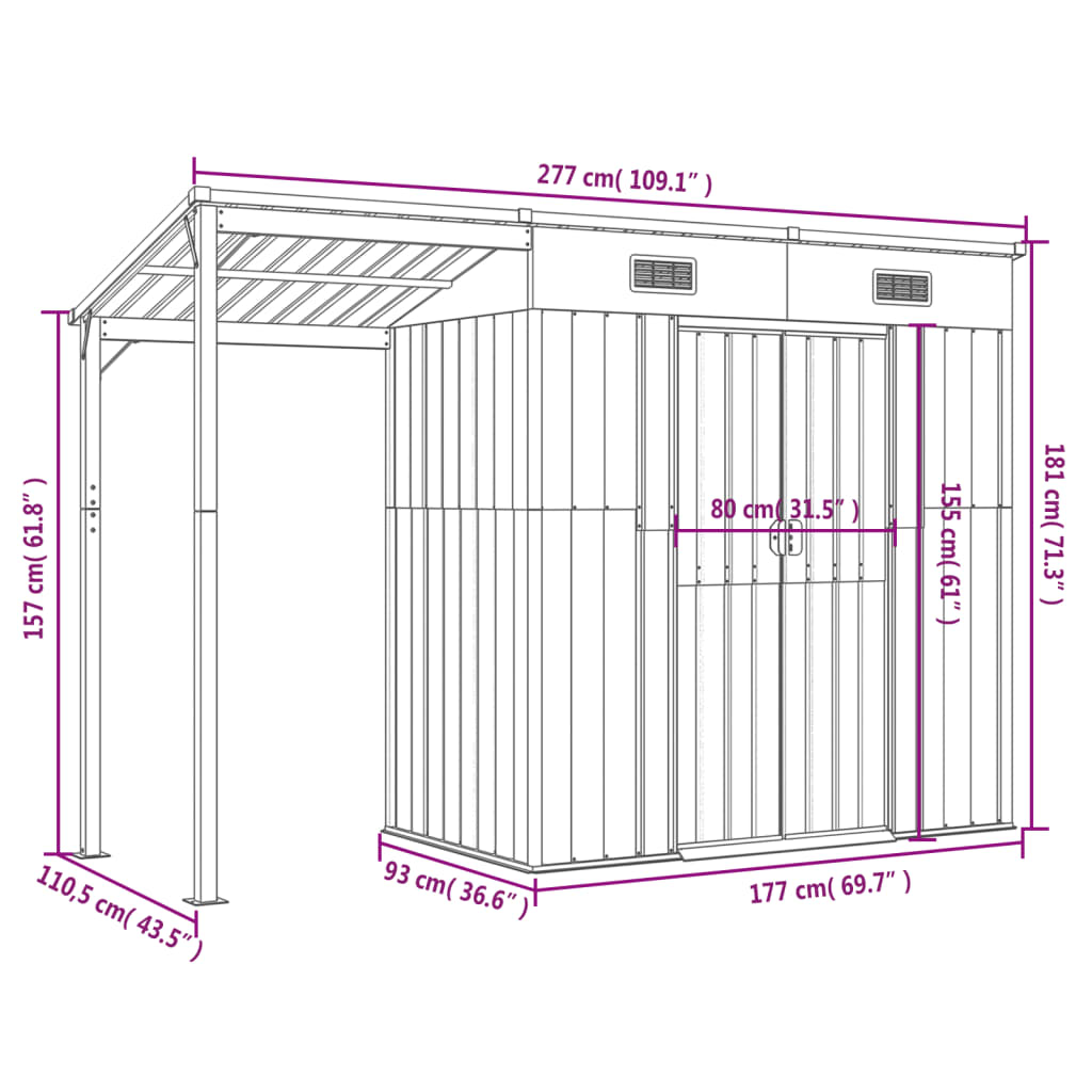 vidaXL Garden Shed with Extended Roof Light Brown 277x110.5x181cm Steel