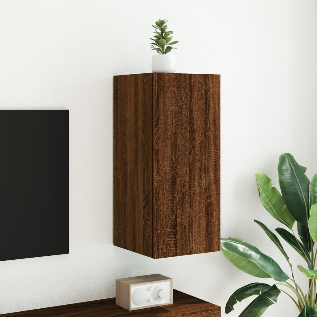 vidaXL TV Wall Cabinet with LED Lights Brown Oak 30.5x35x70 cm