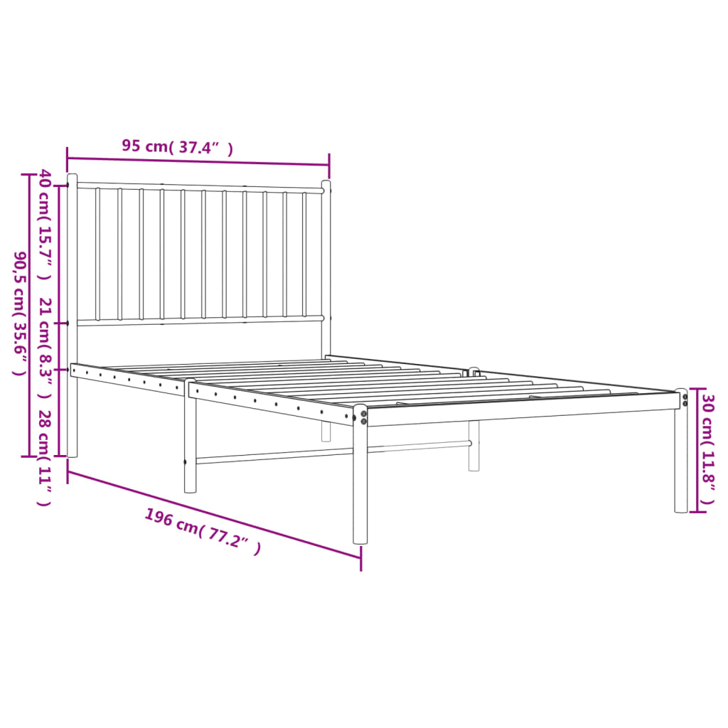 vidaXL Metal Bed Frame without Mattress with Headboard White 90x190 cm Single