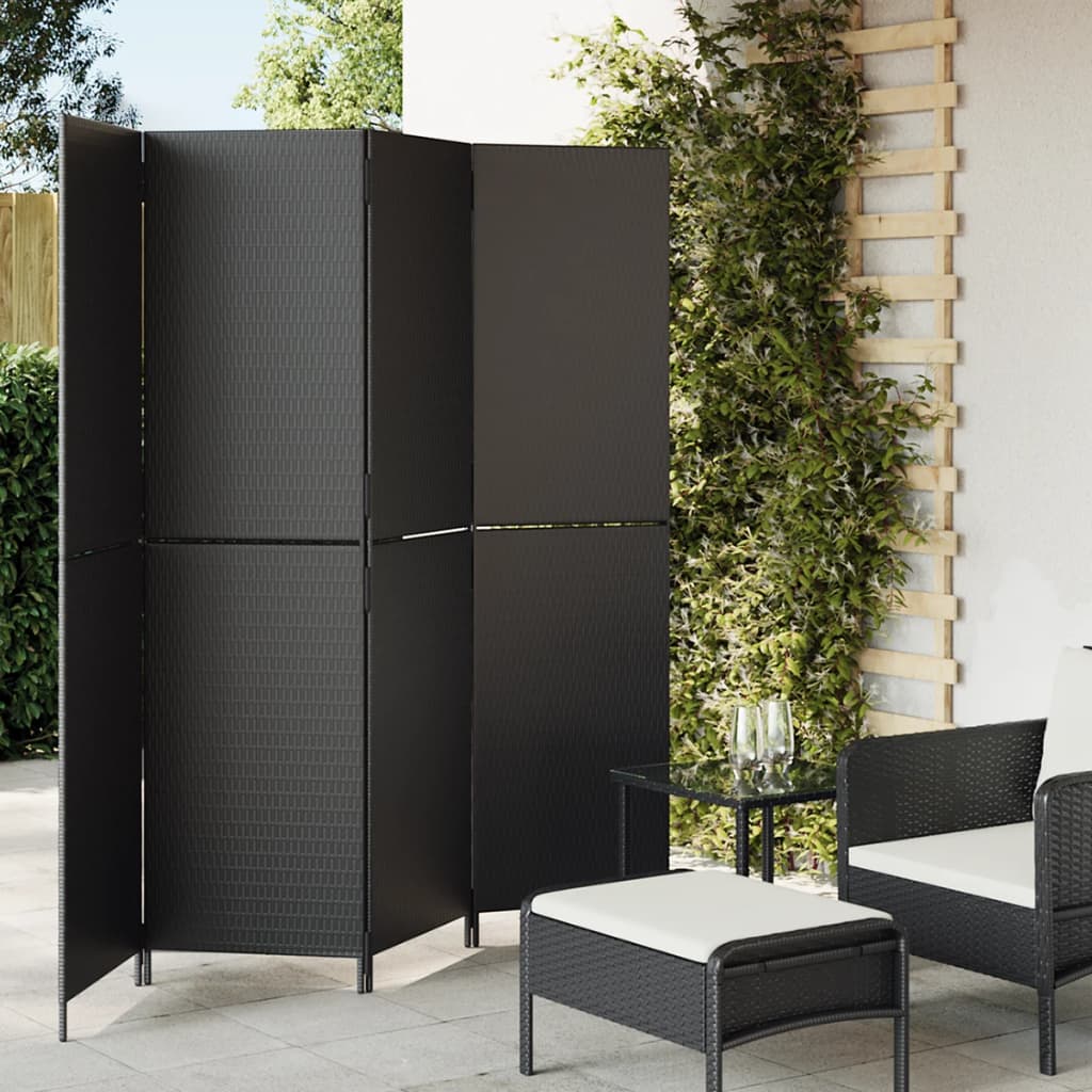 vidaXL Room Divider 4 Panels Black Poly Rattan