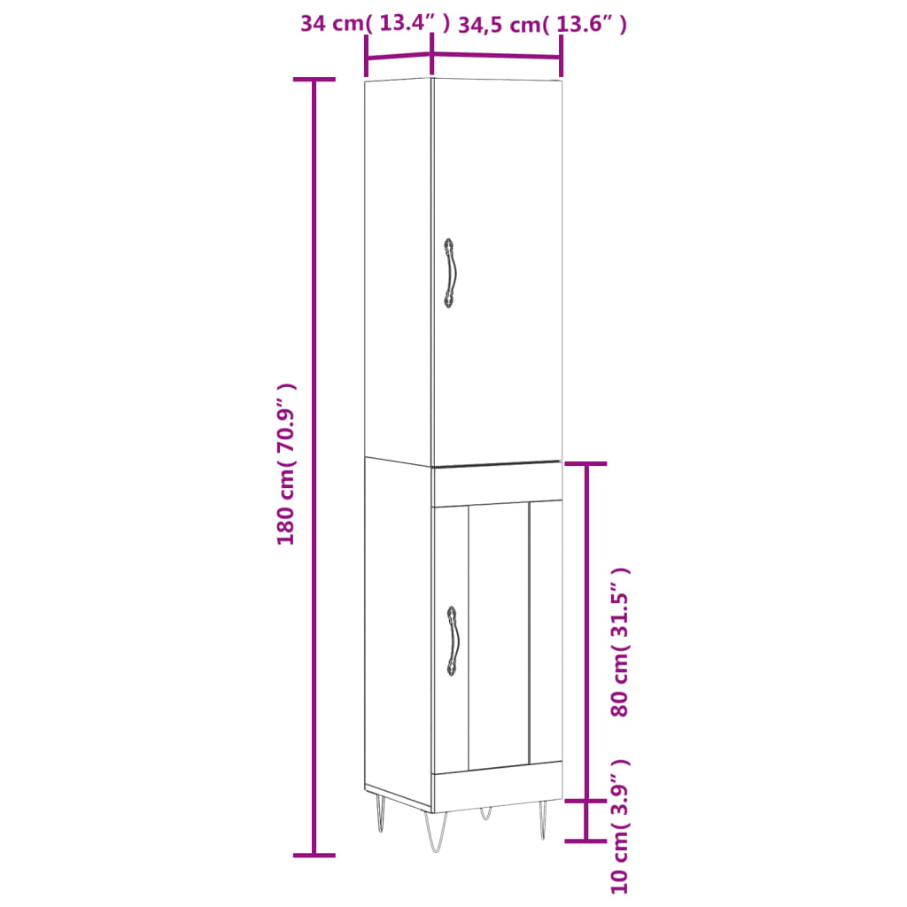 vidaXL Highboard Concrete Grey 34.5x34x180 cm Engineered Wood