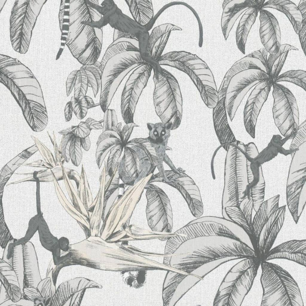 Noordwand Wallpaper Topchic Monkey Jungle Leaves Grey and Black