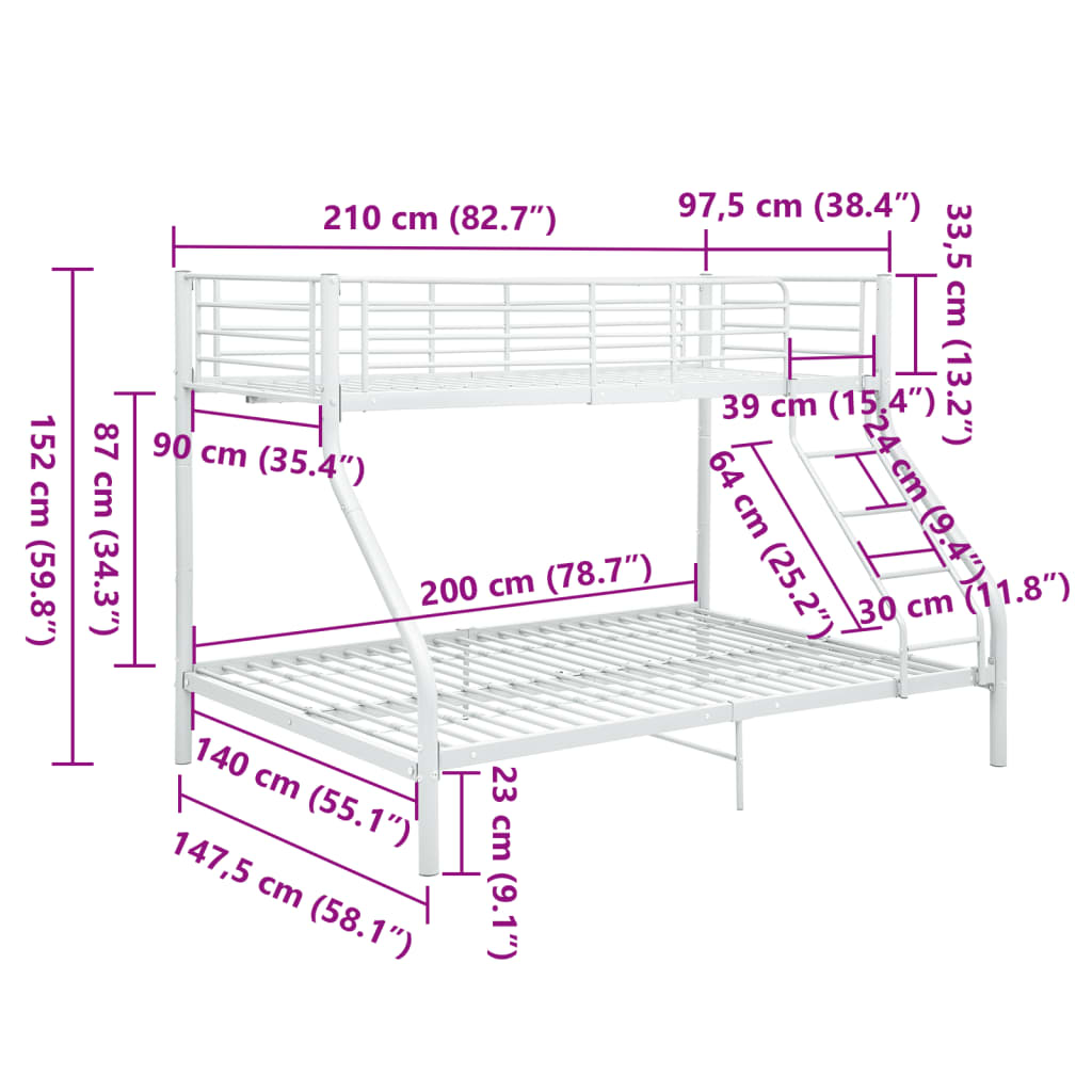 vidaXL Bunk Bed Frame without Mattress White Metal 140x200 cm/90x200 cm