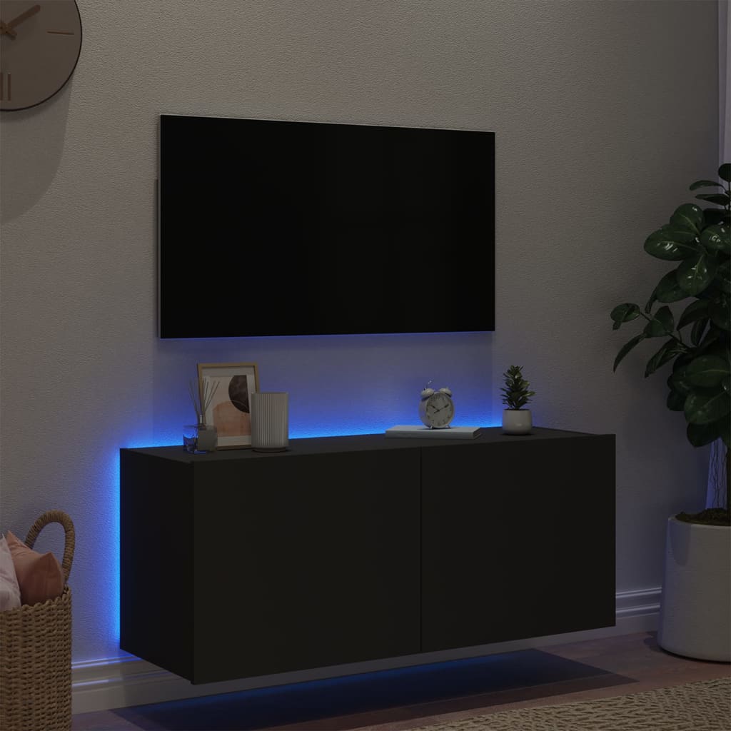 vidaXL TV Wall Cabinet with LED Lights Black 100x35x41 cm