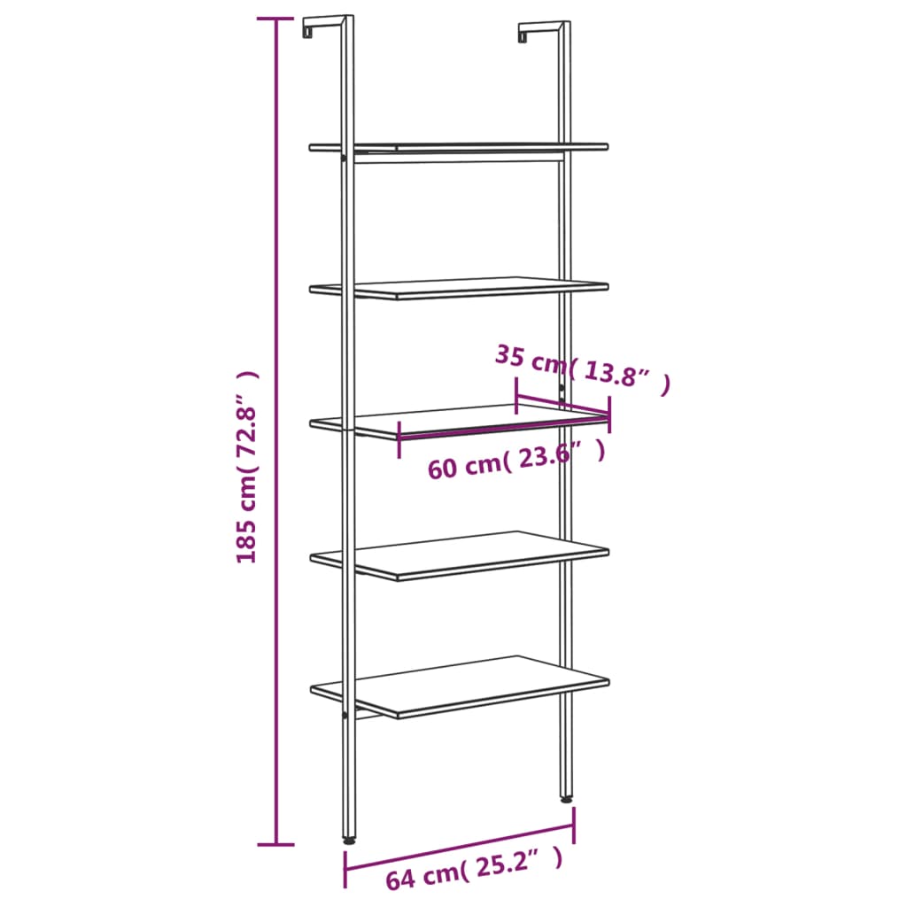 vidaXL 5-Tier Leaning Shelf Black 64x35x185 cm