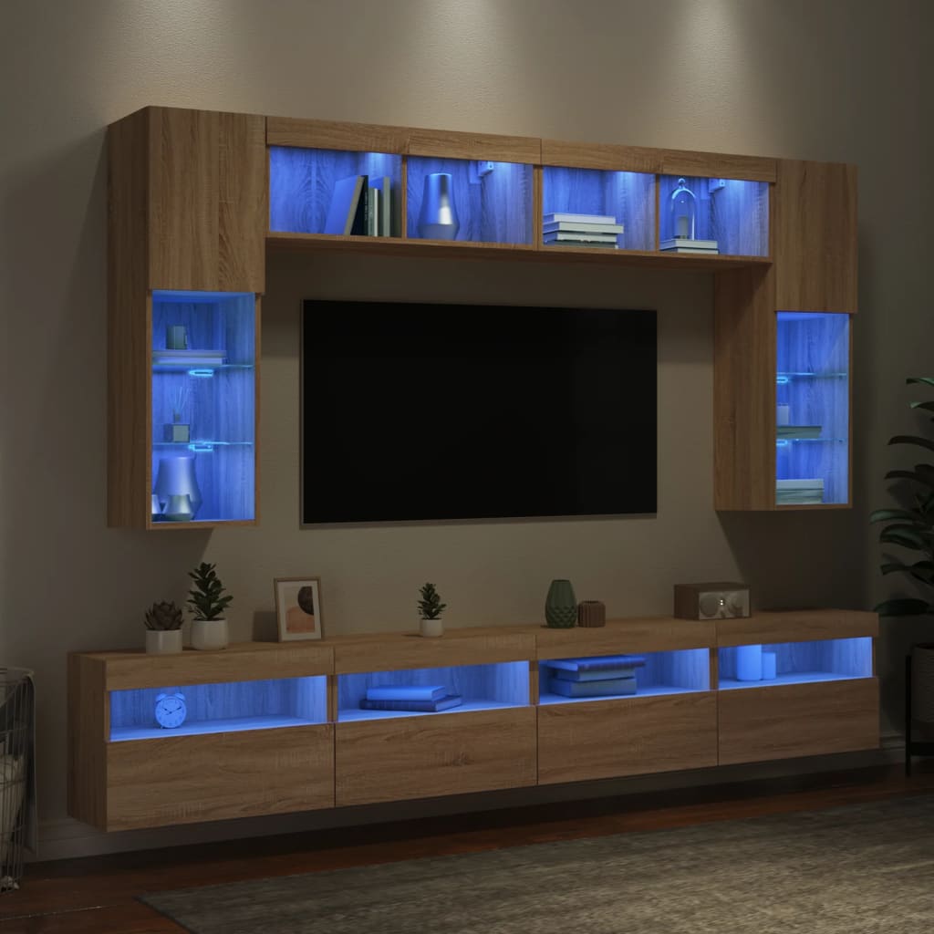 vidaXL 8 Piece TV Wall Cabinet Set with LED Lights Sonoma Oak