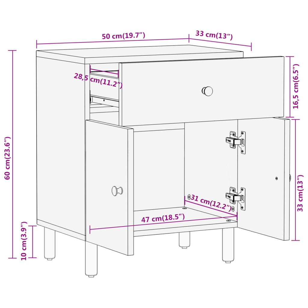 vidaXL Bedside Cabinet 50x33x60 cm Solid Wood Mango