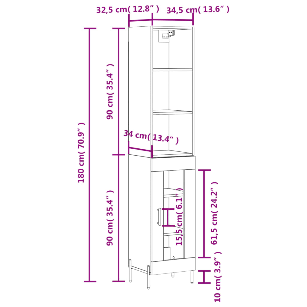 vidaXL Highboard High Gloss White 34.5x34x180 cm Engineered Wood