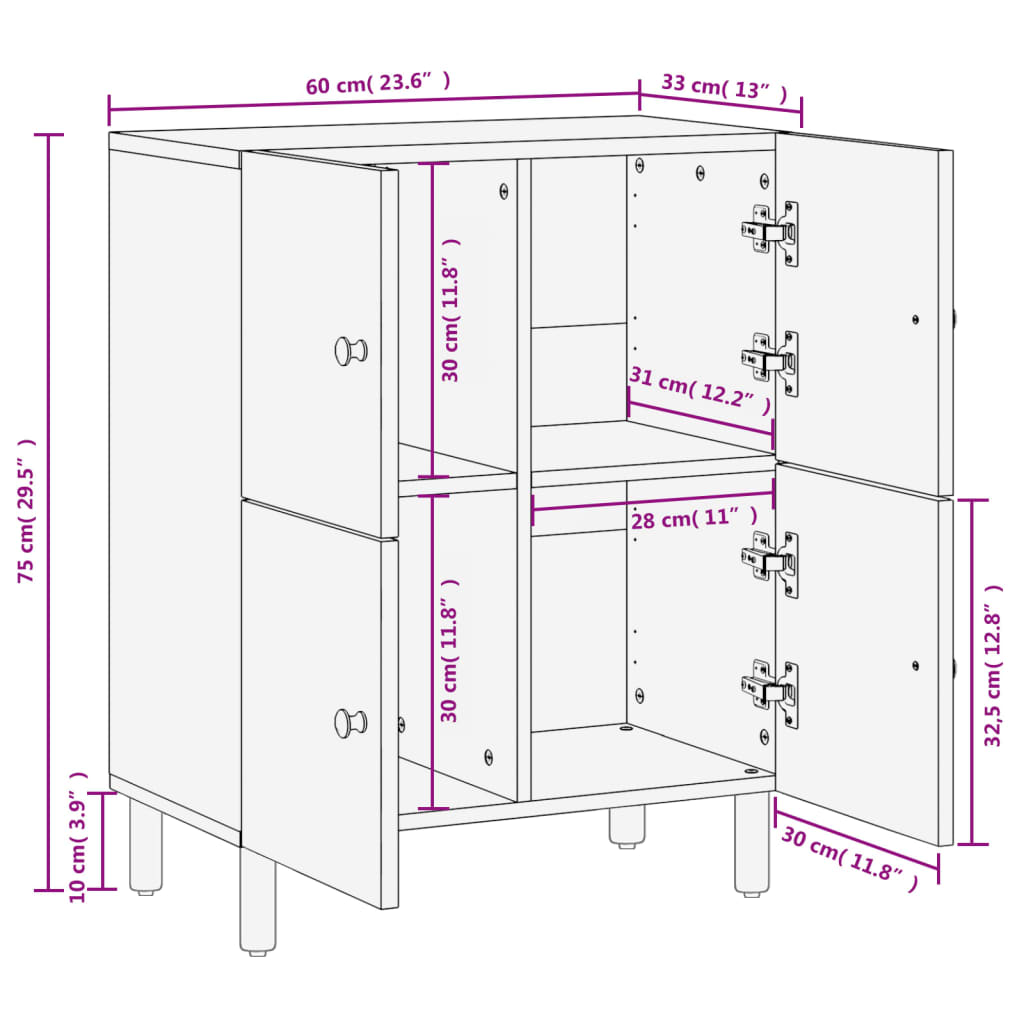 vidaXL Side Cabinet Black 60x33x75 cm Solid Wood Mango