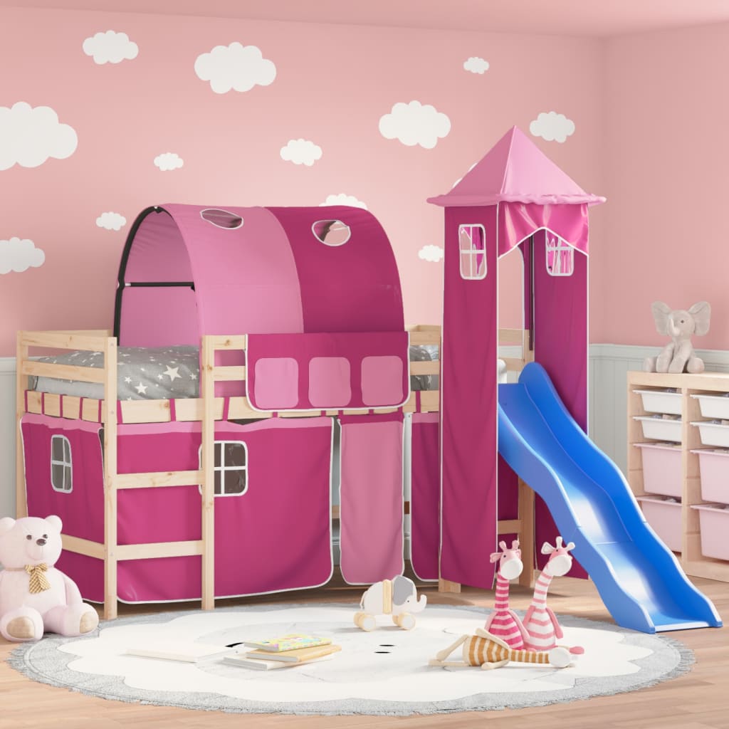 vidaXL Kids' Loft Bed with Tower without Mattress Pink 90x200 cm