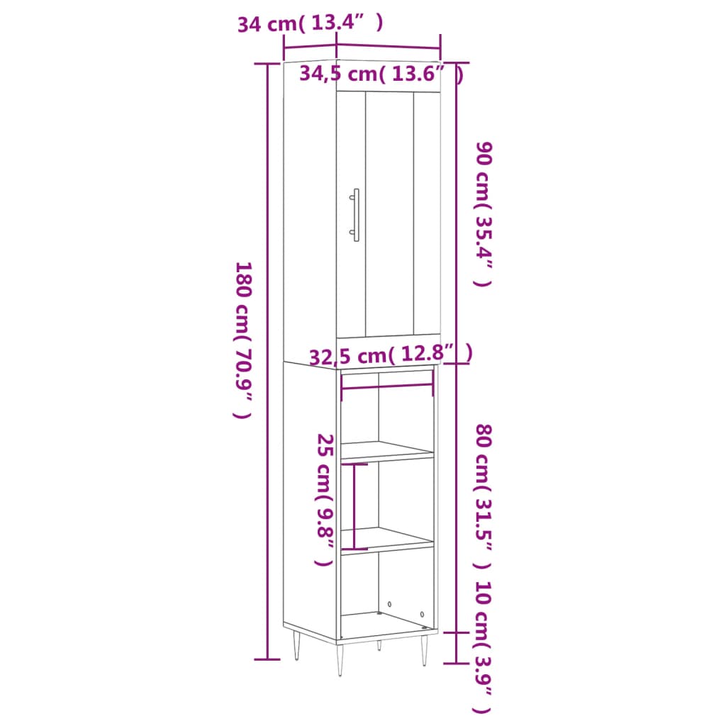 vidaXL Highboard Concrete Grey 34.5x34x180 cm Engineered Wood