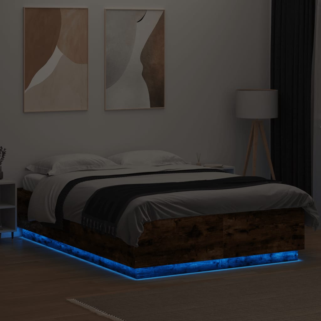 vidaXL Bed Frame with LED without Mattress Smoked Oak 120x200 cm