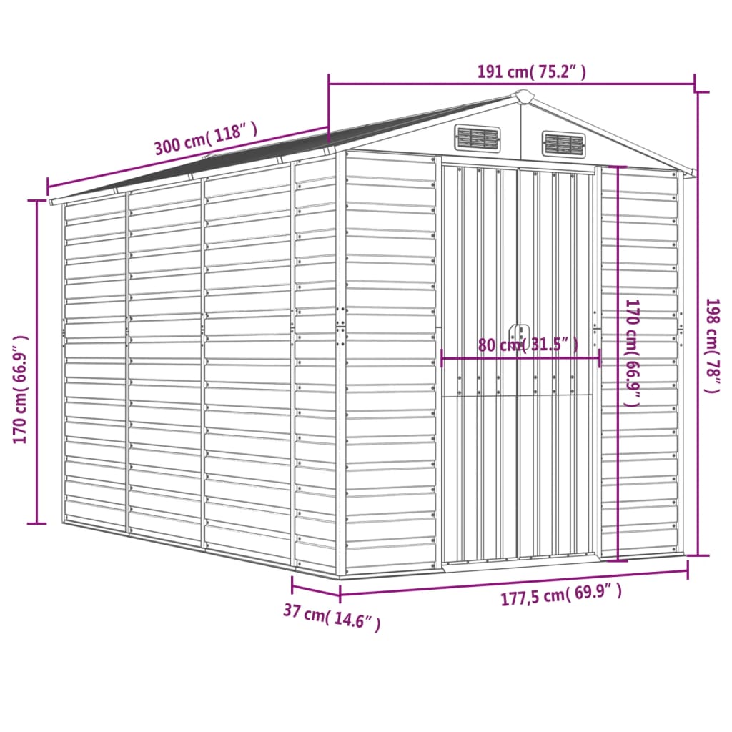 vidaXL Garden Shed Light Grey 191x300x198 cm Galvanised Steel