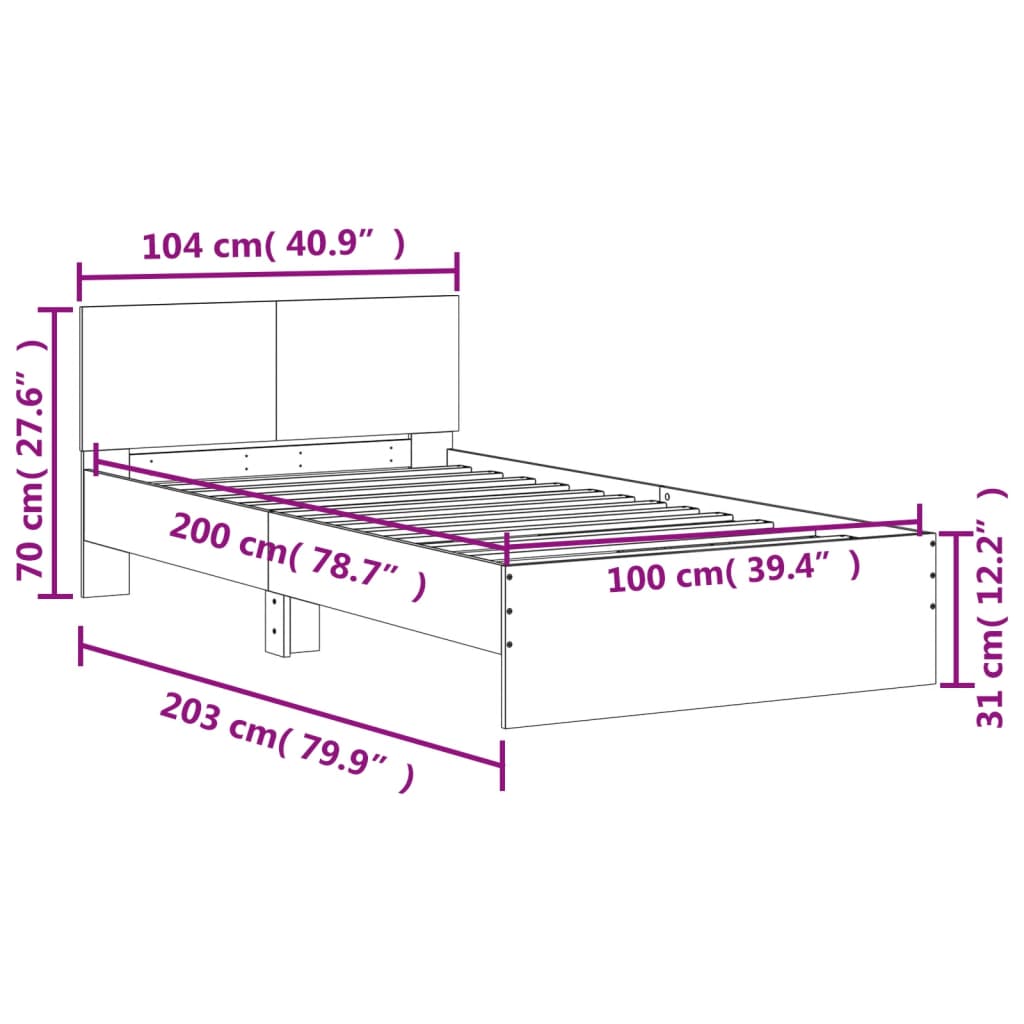 vidaXL Bed Frame without Mattress with LED Lights Grey Sonoma 100x200 cm