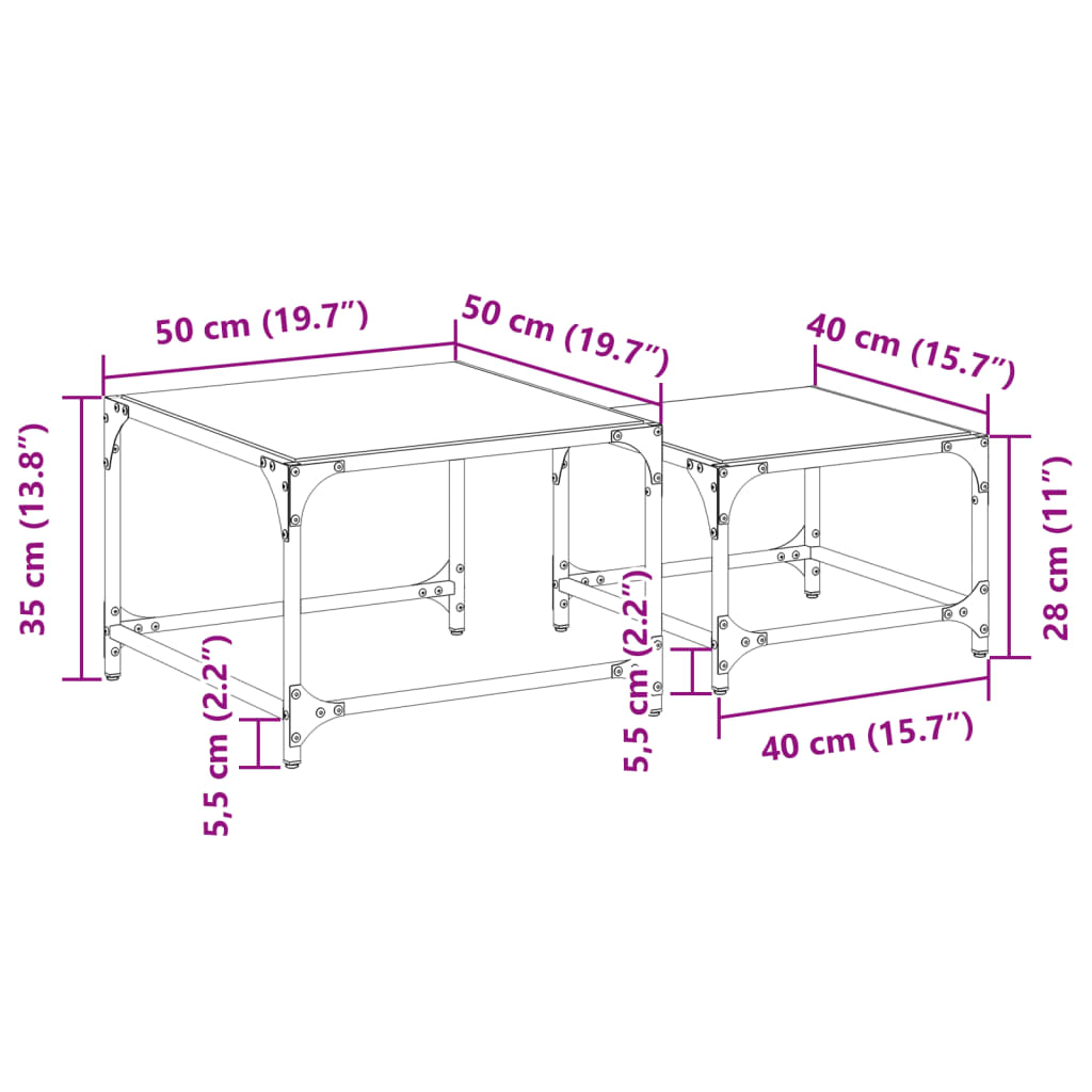 vidaXL Nesting Coffee Tables 2 pcs with Transparent Glass Top Steel