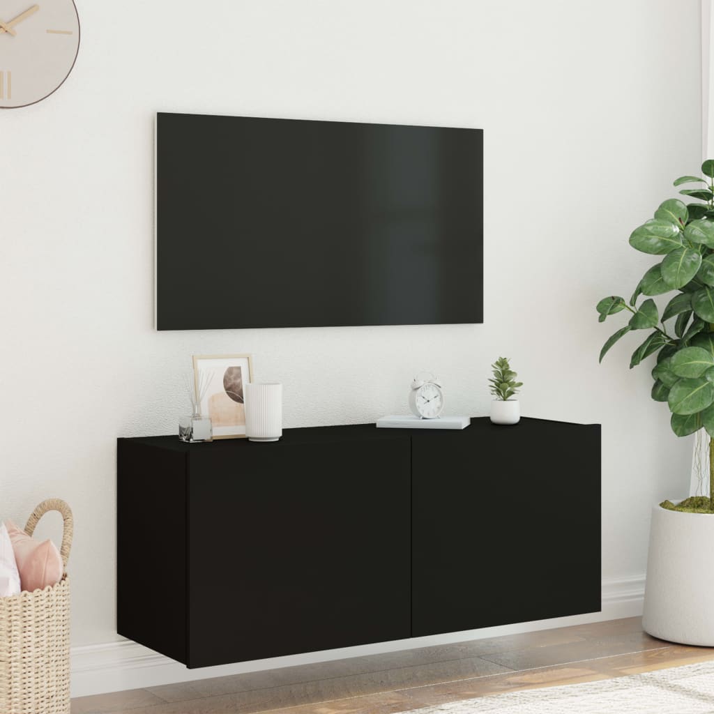 vidaXL TV Wall Cabinet with LED Lights Black 100x35x41 cm