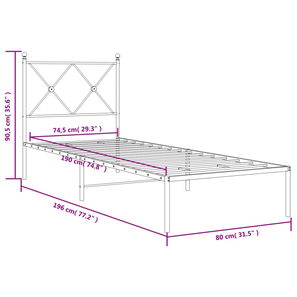 vidaXL Metal Bed Frame without Mattress with Headboard White 75x190 cm Small Single