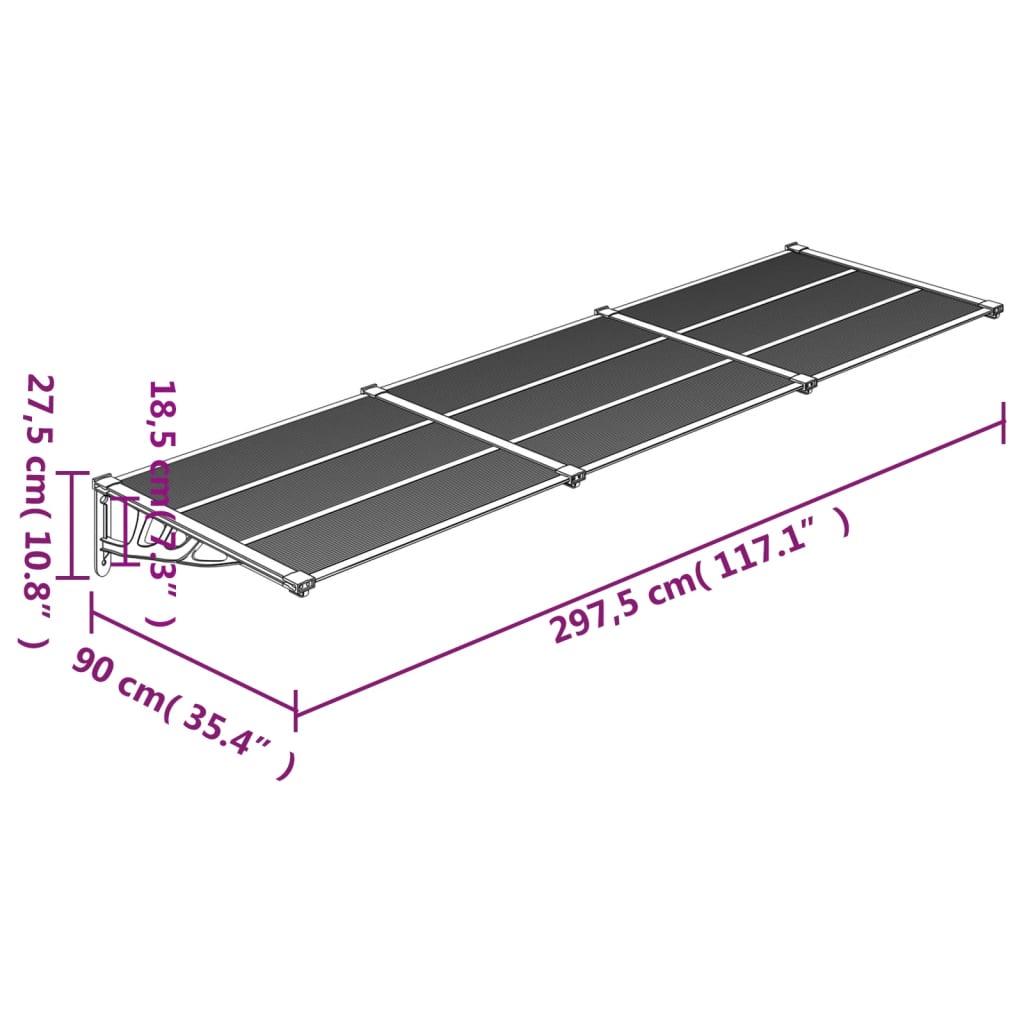 vidaXL Door Canopy Grey and Transparent 297.5x90 cm Polycarbonate