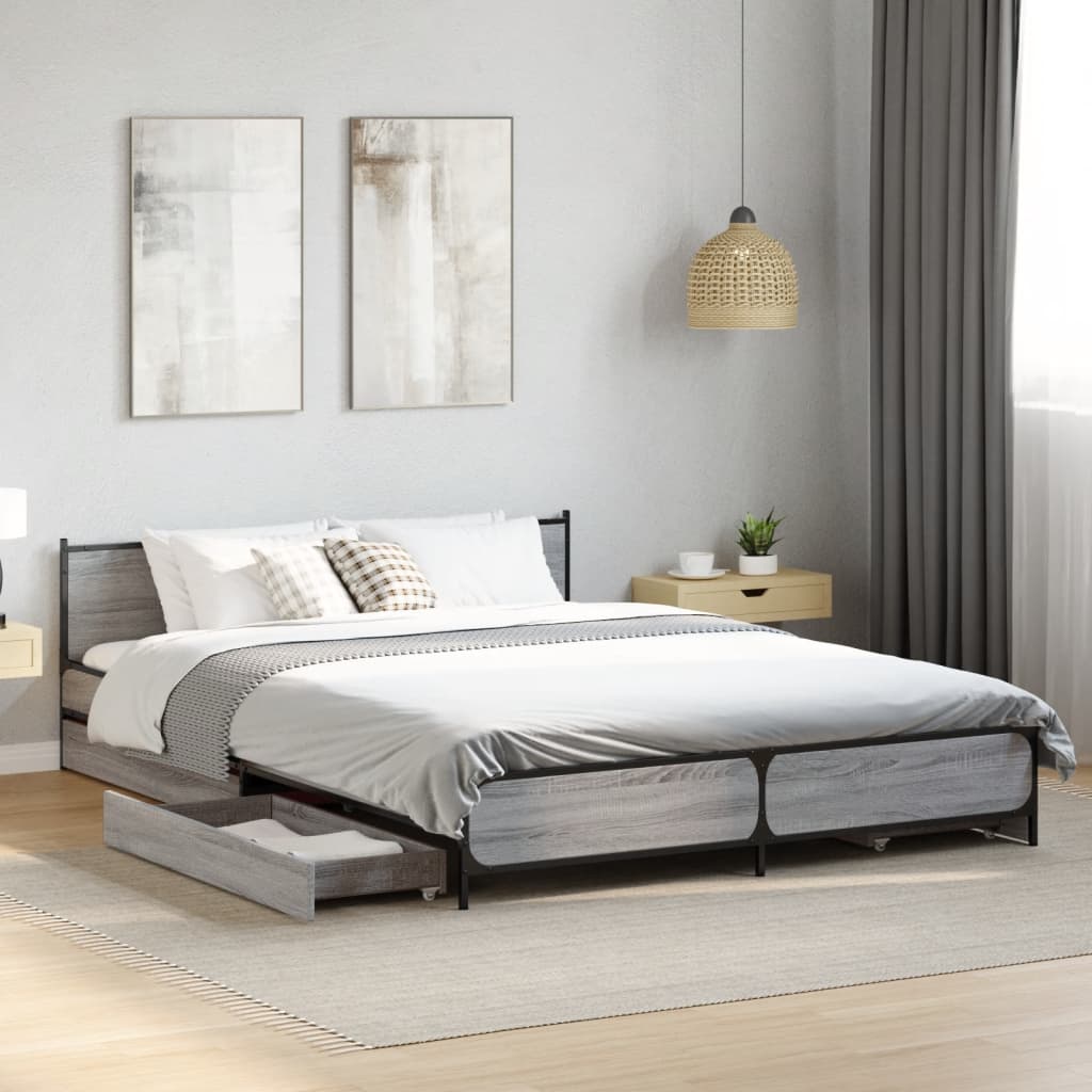 vidaXL Bed Frame with Drawers without Mattress Grey Sonoma 150x200 cm King Size