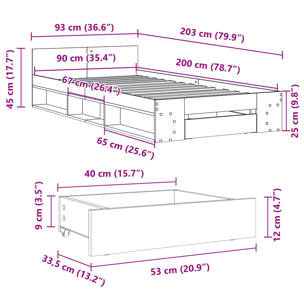 vidaXL Bed Frame with Drawer without Mattress Sonoma Oak 90x200 cm