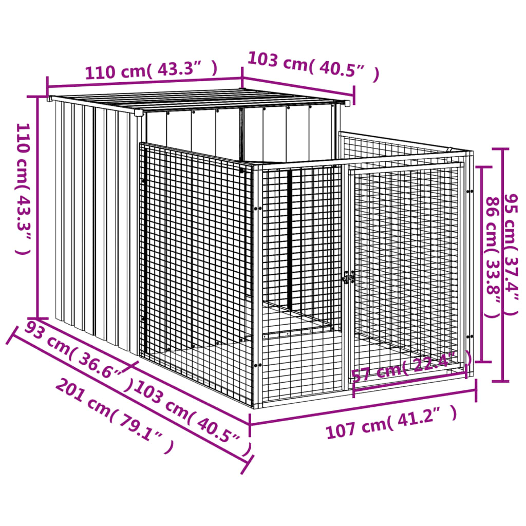 vidaXL Dog House with Run Anthracite 110x201x110 cm Galvanised Steel