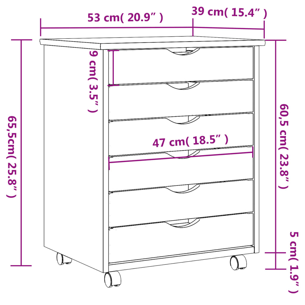 vidaXL Rolling Cabinet with Drawers MOSS Honey Brown Solid Wood Pine