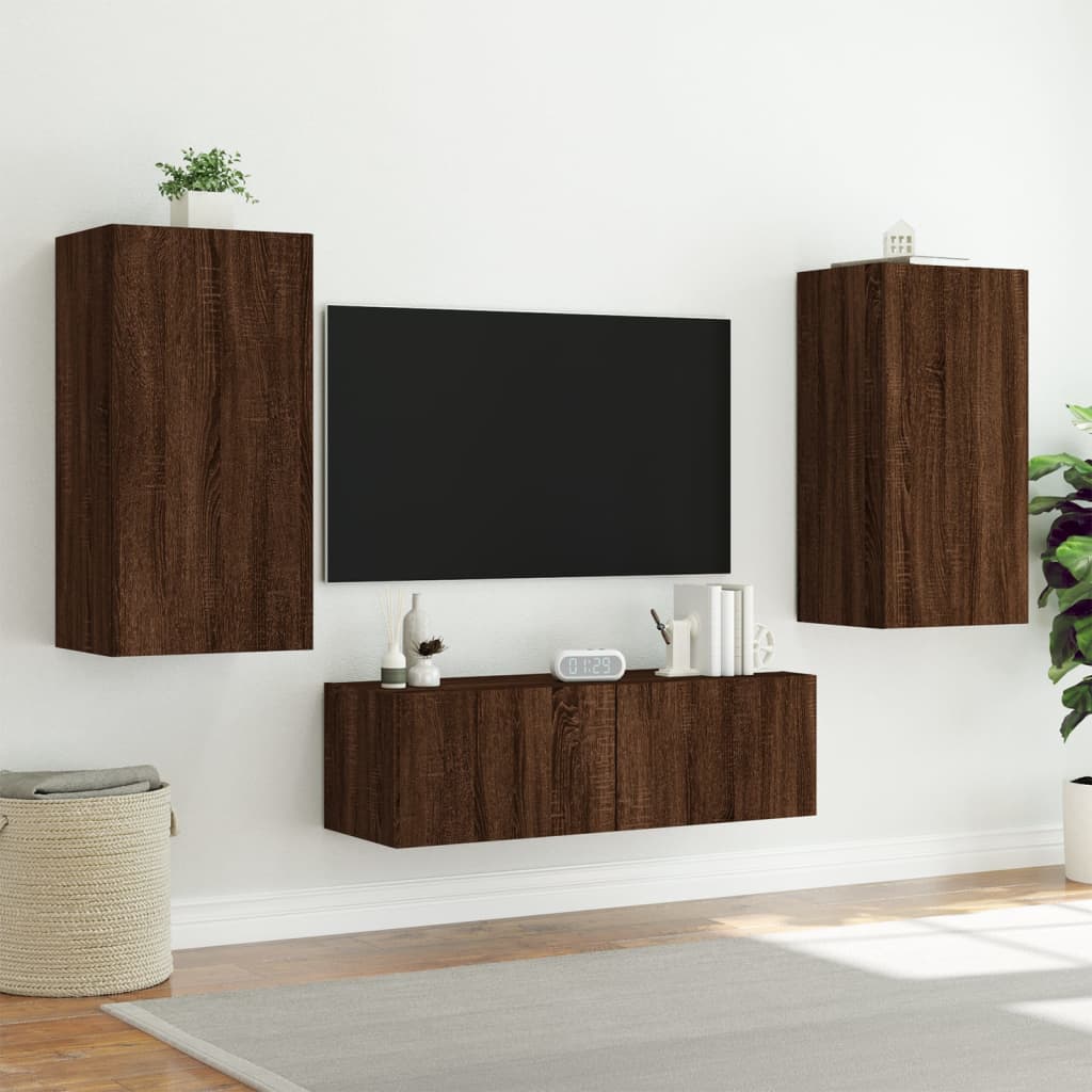 vidaXL TV Wall Cabinet with LED Lights Brown Oak 40.5x35x80 cm