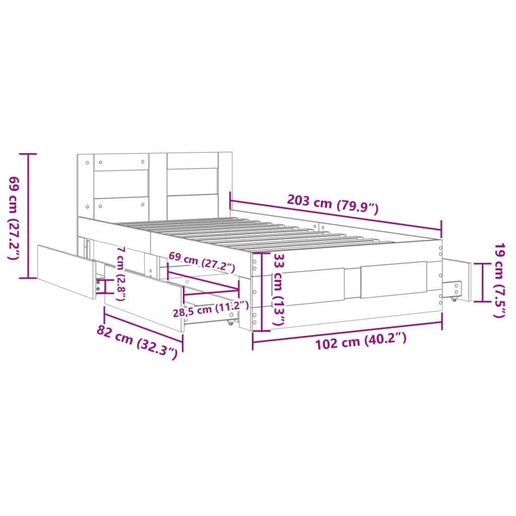 vidaXL Bed Frame with Headboard without Mattress Grey Sonoma 100x200 cm