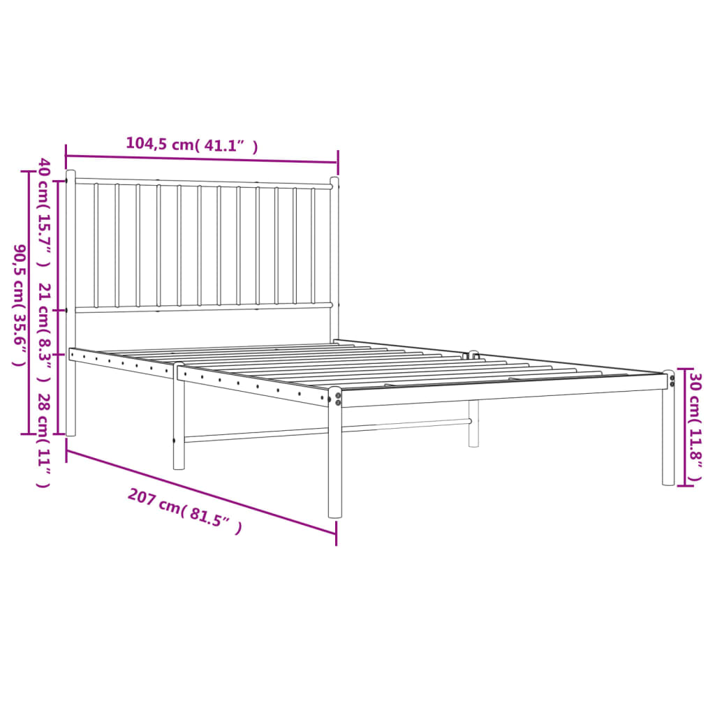 vidaXL Metal Bed Frame without Mattress with Headboard Black 100x200 cm